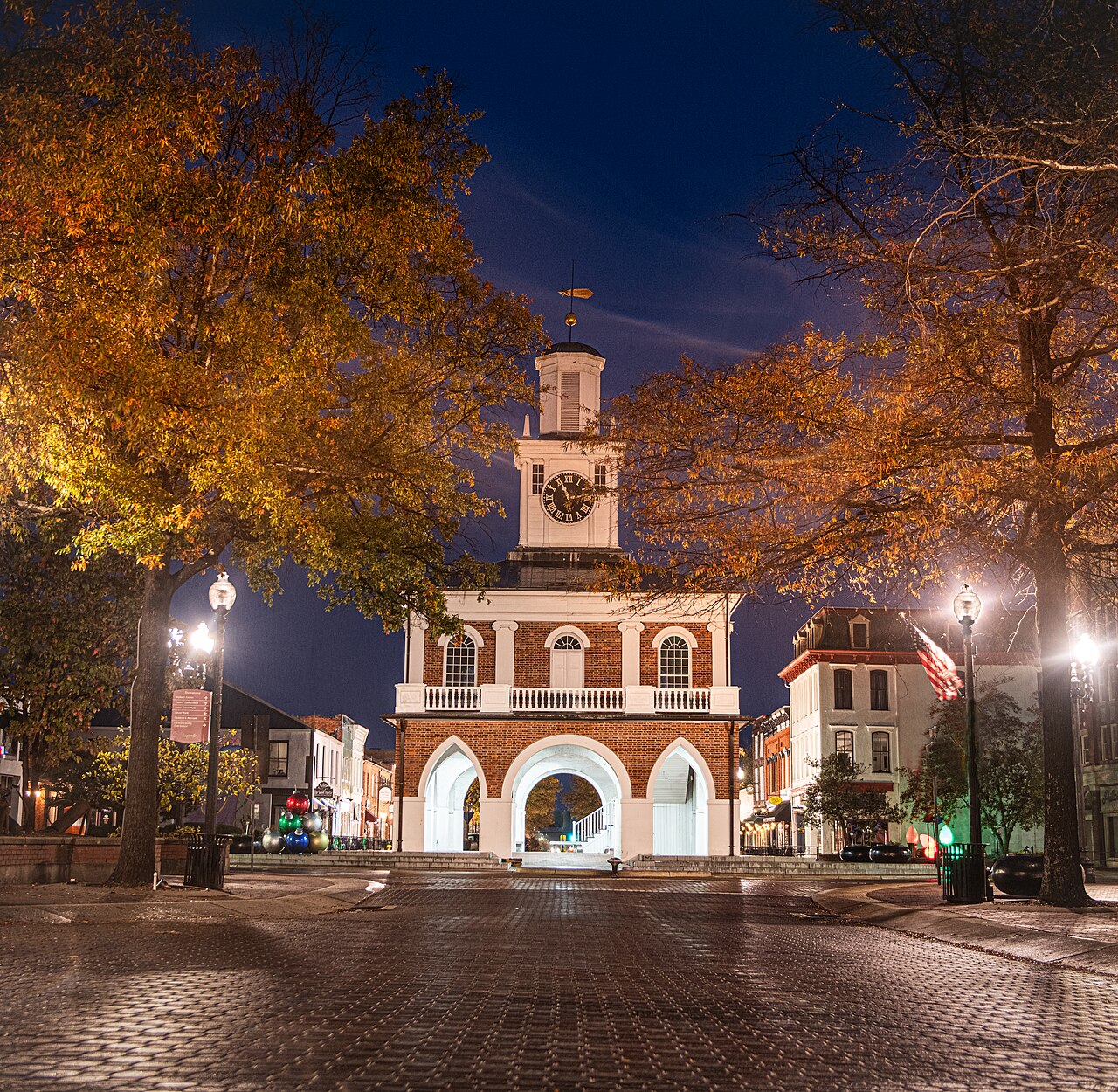 The historic Market House in downtown Fayetteville, North Carolina at dusk